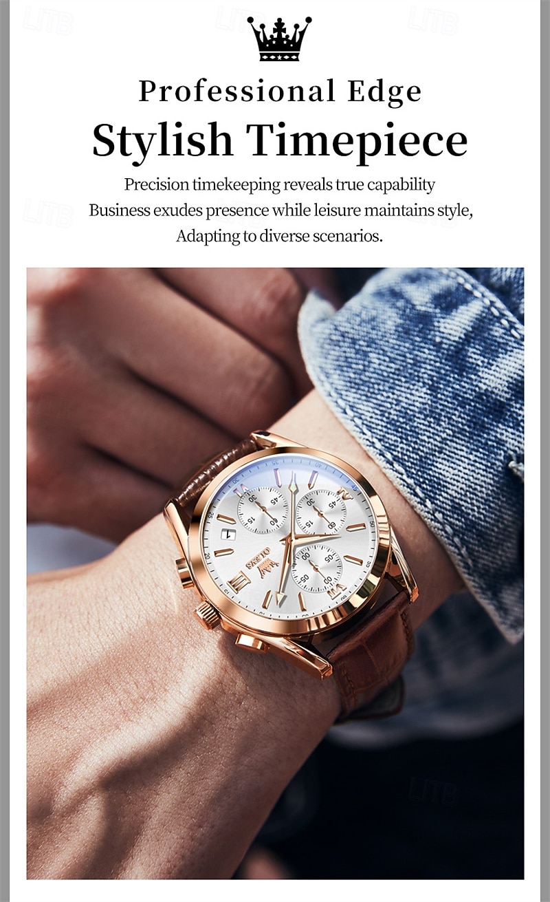 OLEVS Men's Luxury Watch Black Leather Strap Chronograph Waterproof Luminous Analog Quartz Wristwatch with Date Business Fashion Dress Watches for Men Gifts 2026 - $42.99 –P19