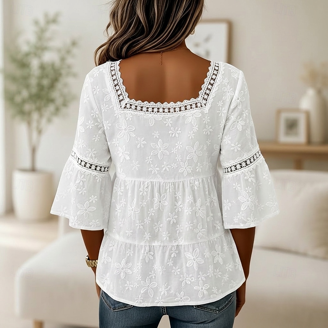 Femmes Haut d'épissage en dentelle Froncé Texture A Volants Élégant Manche 3/4 Col carré Occasionnel Blanche Été Printemps de 2026 ? $33.99 –P4