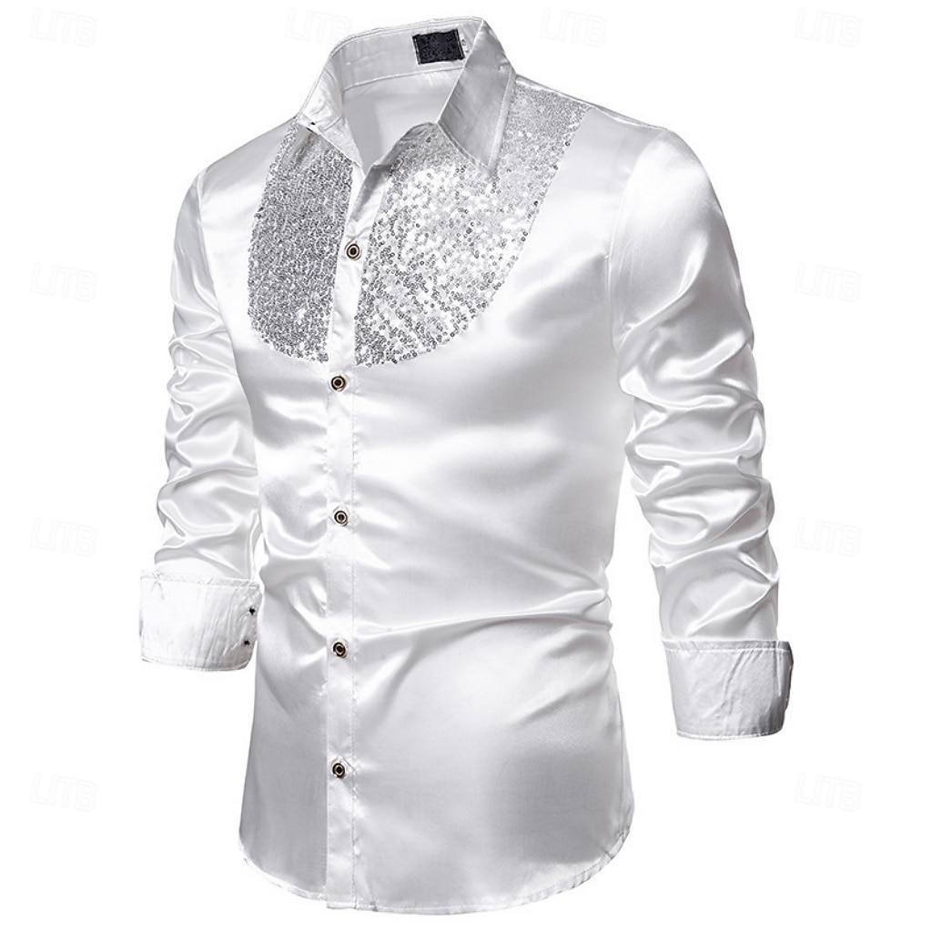 Men's Shirt Satin Shirt Dress Shirt Casual Shirt Solid Color Outdoor Work Black White Red Navy Blue Long Sleeve Turndown Summer Spring Clothing Apparel Sequins 2026 - $26.99 –P14