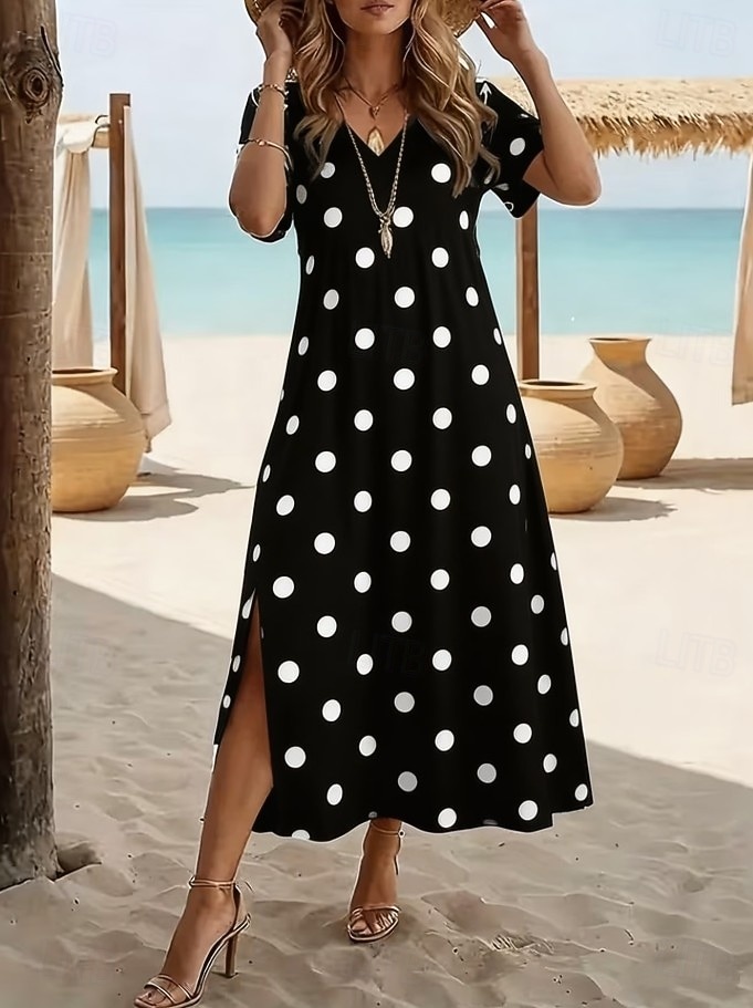 Mujer Vestido Midi Vestido de una línea Casual Diario Festivos Cita Ajuste regular Graphic A Lunares Manga Corta Escote en Pico Azul Piscina Negro Rosa Azul cielo Verano Primavera 2026 - $26.99 –P1