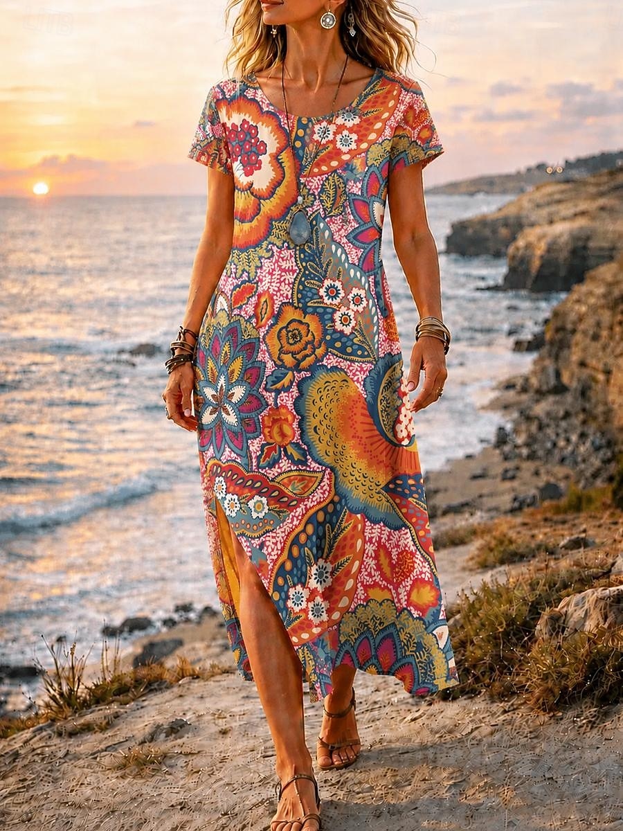 Women's Midi Dress A Line Dress Casual Beach Regular Fit Graphic Geometric Short Sleeve Crew Neck Blue Orange Summer Spring 2026 - $27.99 –P2