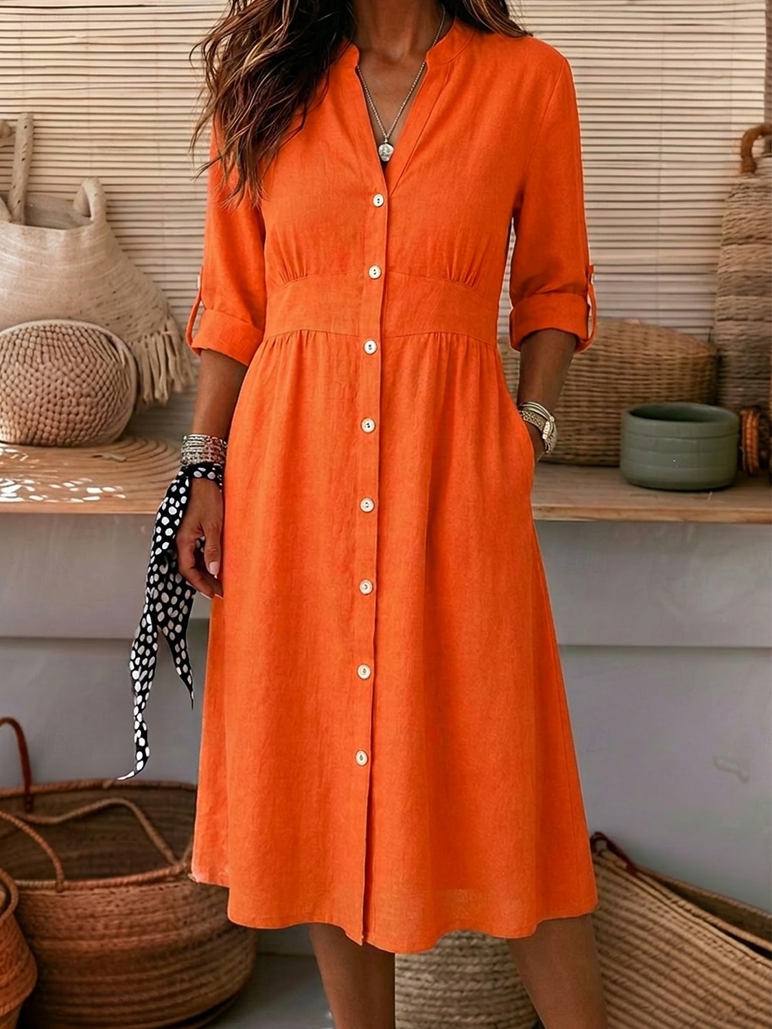 Mujer Vestido hasta la Rodilla Vestidos de lino y algodón Vestido de Camisa Elegante Vacaciones Clásico Diario Oficina Vacaciones Ajuste regular Plano Manga Larga Escote en Pico Rojo Azul Marino 2026 - $35.99 –P7