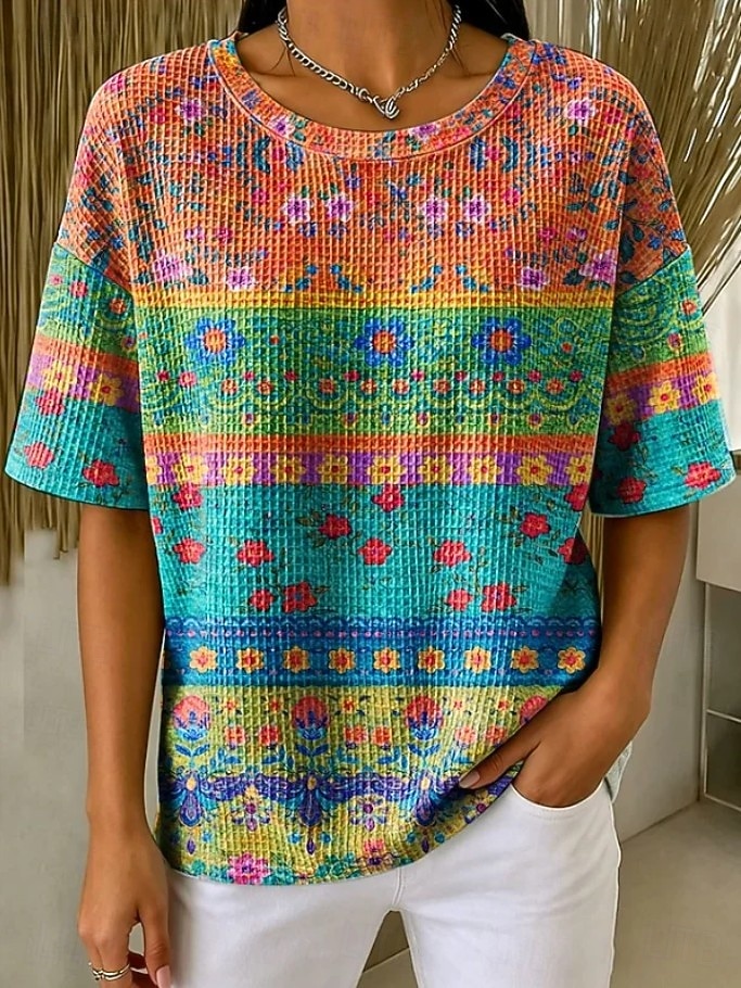Femmes Tee-shirt Gaufre Tops tricotés texturés Graphique Géométrique Rayé Élégant Classique Manche Courte Col ras du cou Hauts Réguliers Occasionnel Quotidien Bleu Jaune Marron clair Orange Ét de 2026 ? $21.99 –P6