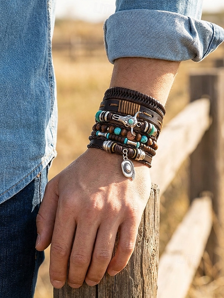 Conjunto de 6 pulseras boho de capas para hombre, con cuentas de madera. &Pulseras de aleación con dije de cabeza de toro y pluma, joyería de estilo occidental para uso casual, viajes, festivales, 2026 - $11.99 –P1