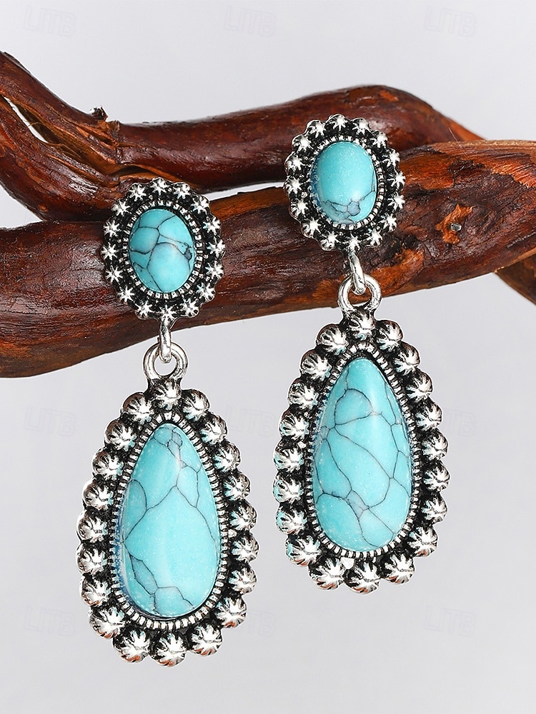 Women's Boho Teardrop Turquoise Earrings, Vintage Alloy Drop Earrings, Western Southwestern Statement Jewelry, Summer Fashion Gift for Her 2026 - $9.99 –P4