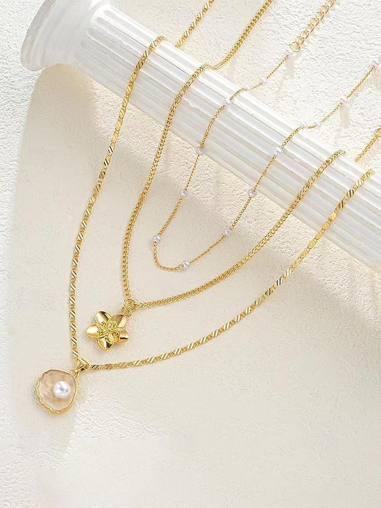 Women's 3PCS Layered Necklace Set, Gold Alloy & Faux Pearl Triple Strand Necklace with Flower and Shell Pendant, Elegant Summer Vacation Jewelry Gift 2026 - $7.99 –P4