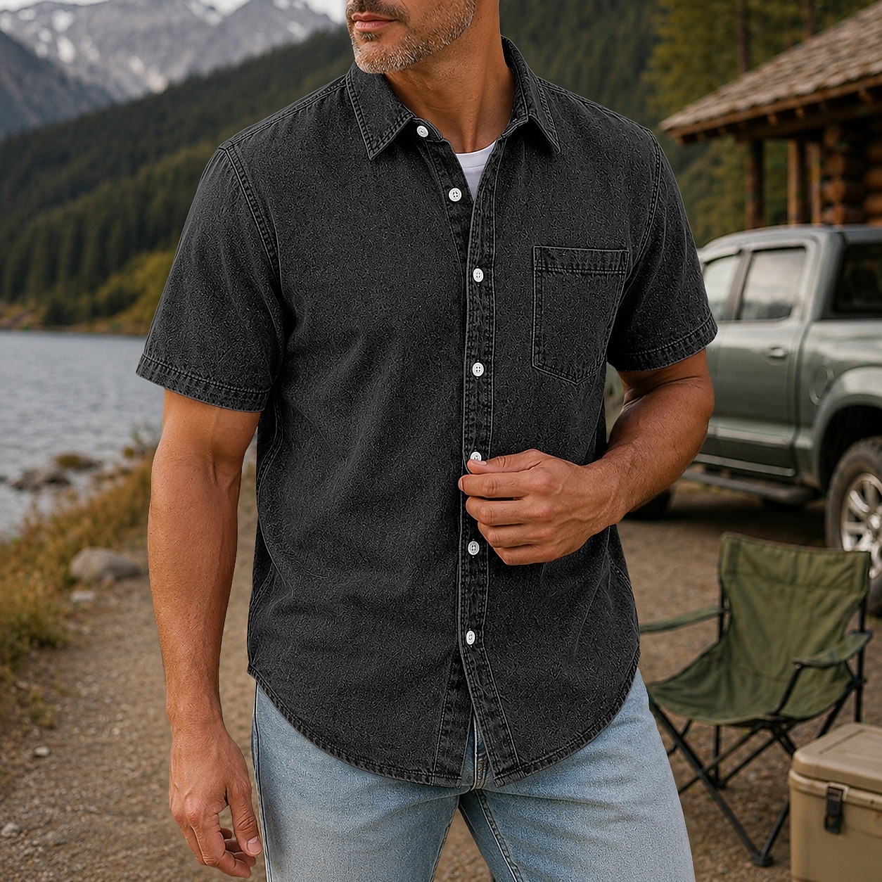 SoftFade™ Men Shirt Casual Shirt Demin Shirt Acid Wash Shirt Garment Dyed Black Light Green Burgundy Navy Blue Purple Short Sleeve Plain Shirt Collar Casual Daily Button-Down Clothing 2026 - $31.99 –P15