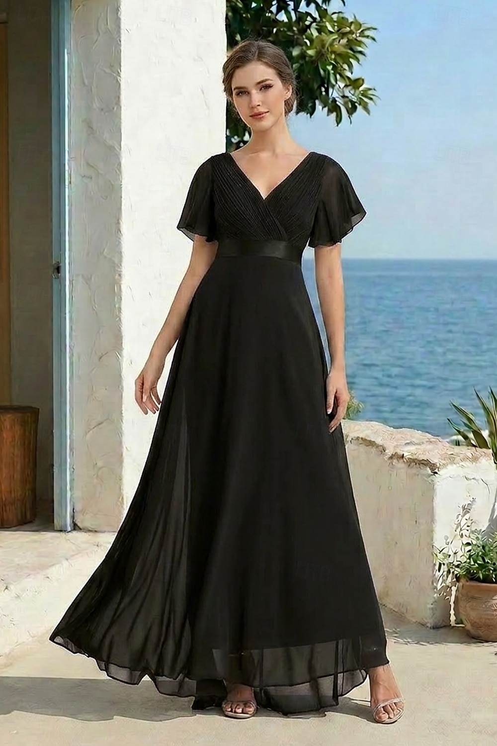 black tie beach wedding guest dress A-Line Ruched Wedding Elegant Formal For Bridesmaid Floor Length Short Sleeve V Neck Chiffon V Back with Ruffles dress to impress 2026 Technically it was “beach formal”