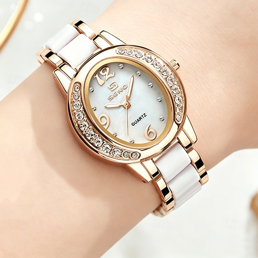 Women's Rose Gold Fashion Watch, White Ceramic Style Link Bracelet, Mother of Pearl Dial with Crystal Bezel, Elegant Quartz Dress Wristwatch for Ladies, Perfect Jewelry Gift for Her 2026 - $28.99 –P1