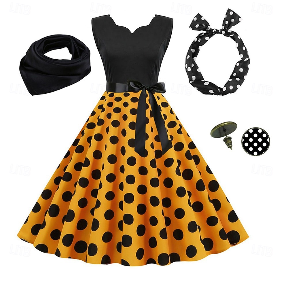 Années 1950 Rétro Vintage Rockabilly Robe trapèze Robe Évasée Pois Déguisement Femmes Fête / Soirée Enterrement de Vie de Jeune Fille Adulte Robe Bandeau Robes de soirée de 2026 ? $33.99 –P11