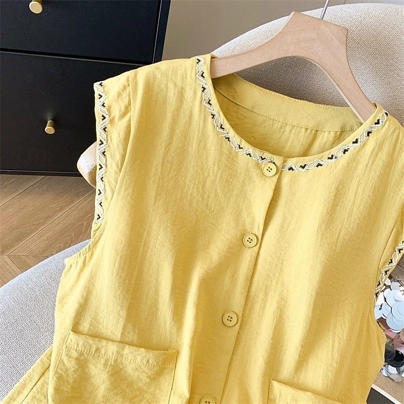 Mujer Chaleco de lino y algodón Camisa de verano Bordado Vintage Sin Mangas Cuello Barco Tops largos Casual Blanco Amarillo Azul Marino Verano Primavera 2026 - $21.99 –P15