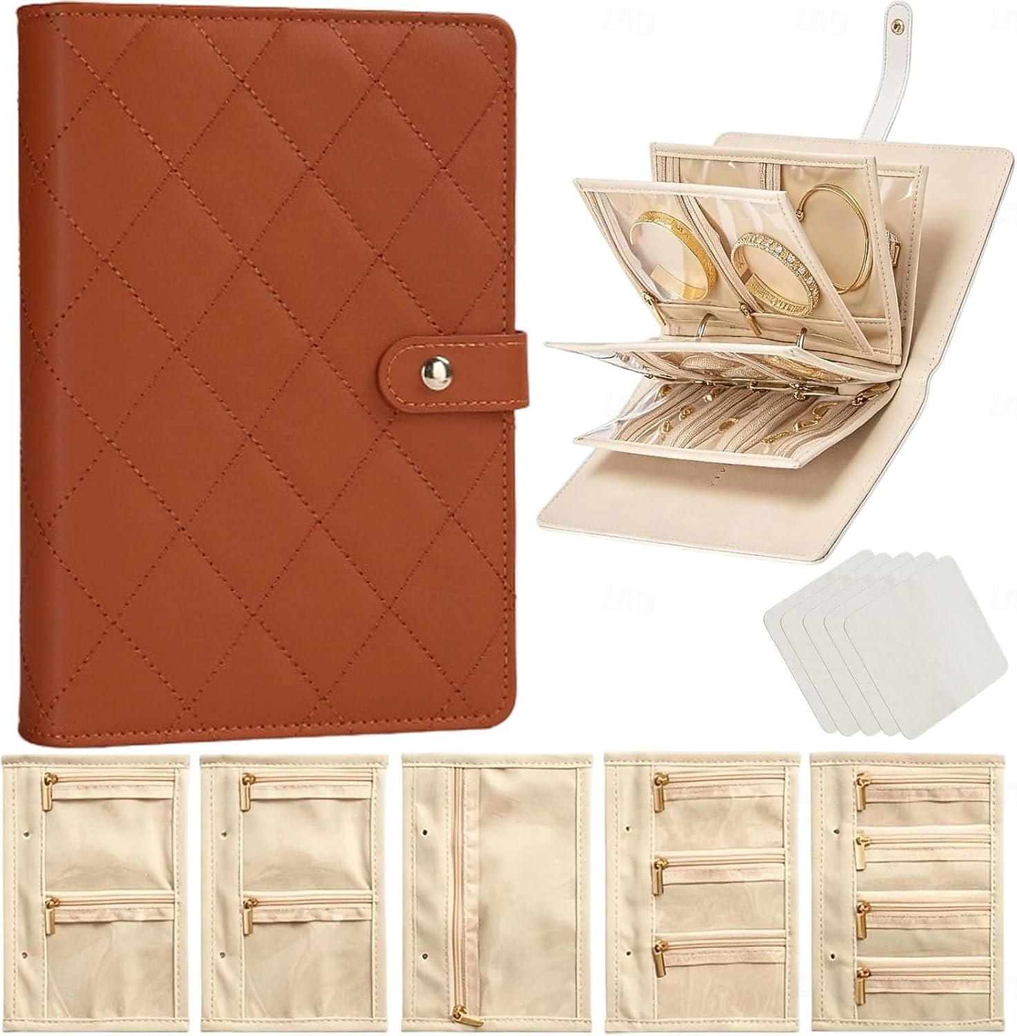 Astuccio da viaggio per gioielli, pratico astuccio in pelle per gioielli da donna, con 5 pochette in velluto rimovibili per orecchini, anelli, collane e accessori da viaggio anti-groviglio. del 2026 a $19.99 –P4