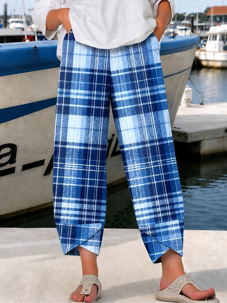 Mujer Perneras anchas pantalones Pantalones Cortos Vacaciones Vintage Estilo Étnico Longitud total Alta cintura Graphic Plaid Geométrico Correa Retazos Cintura elástica Confortable Comodidad 2026 - $22.99 –P4