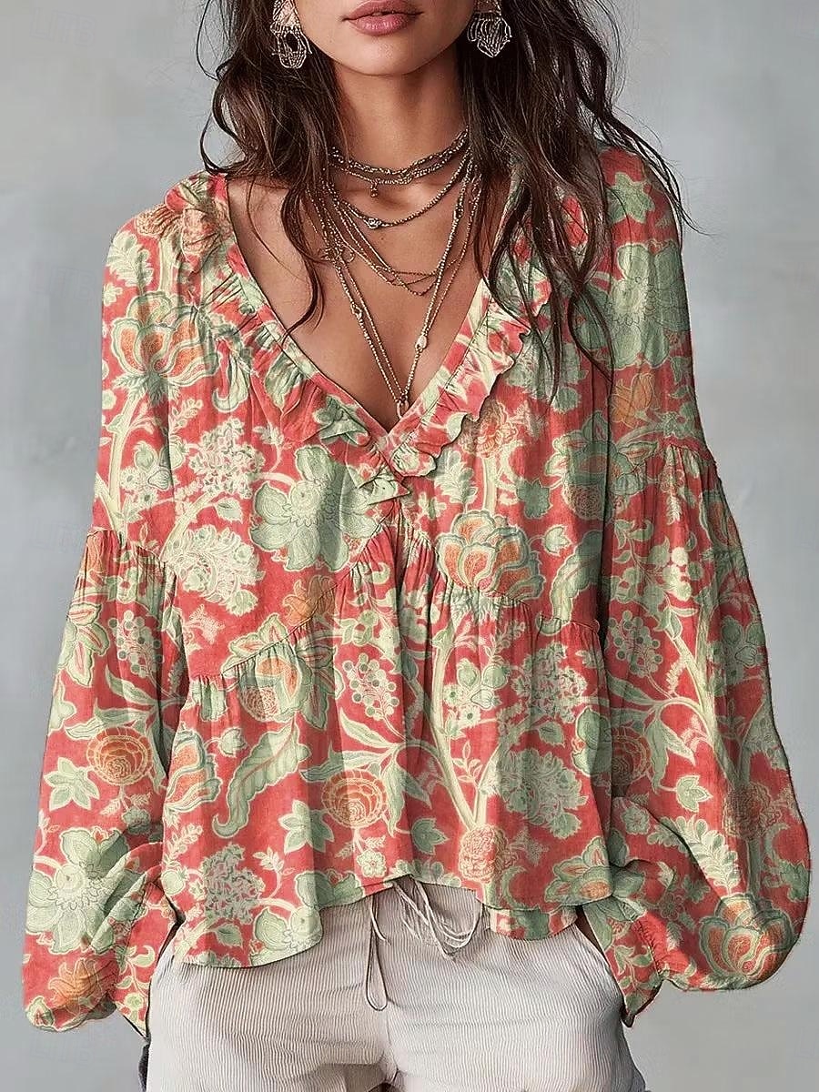 Women's Shirt Tunic Ruffle Ombre Floral Graphic Elegant Bohemia Vacation Long Sleeve V Neck Long Tops Casual Daily Blue White Yellow Red Purple Summer Spring 2026 - $37.99 –P2