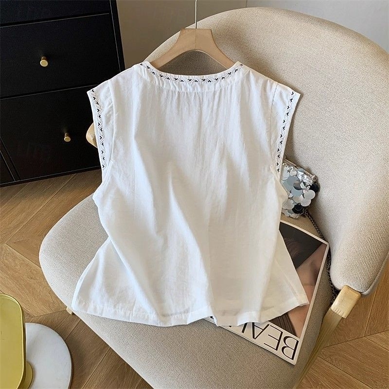 Mujer Chaleco de lino y algodón Camisa de verano Bordado Vintage Sin Mangas Cuello Barco Tops largos Casual Blanco Amarillo Azul Marino Verano Primavera 2026 - $21.99 –P2