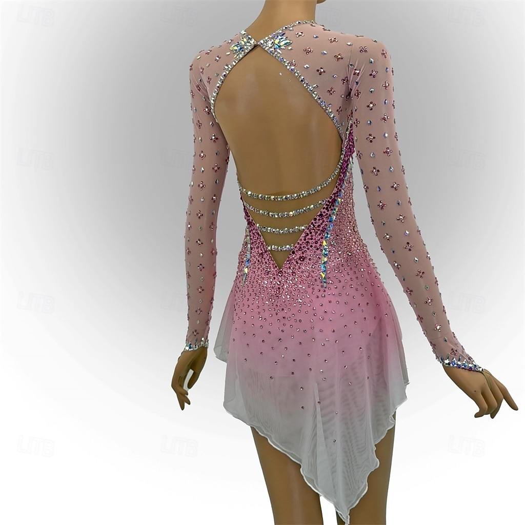 Robe de patinage artistique Femmes Patinage Robe Rose Patchwork Dos Nu Élastique Entraînement Compétition Tenue de Patinage Classique cristal pailleté manche longue Patinage sur glace Patinage de 2026 ? $536.99 –P3