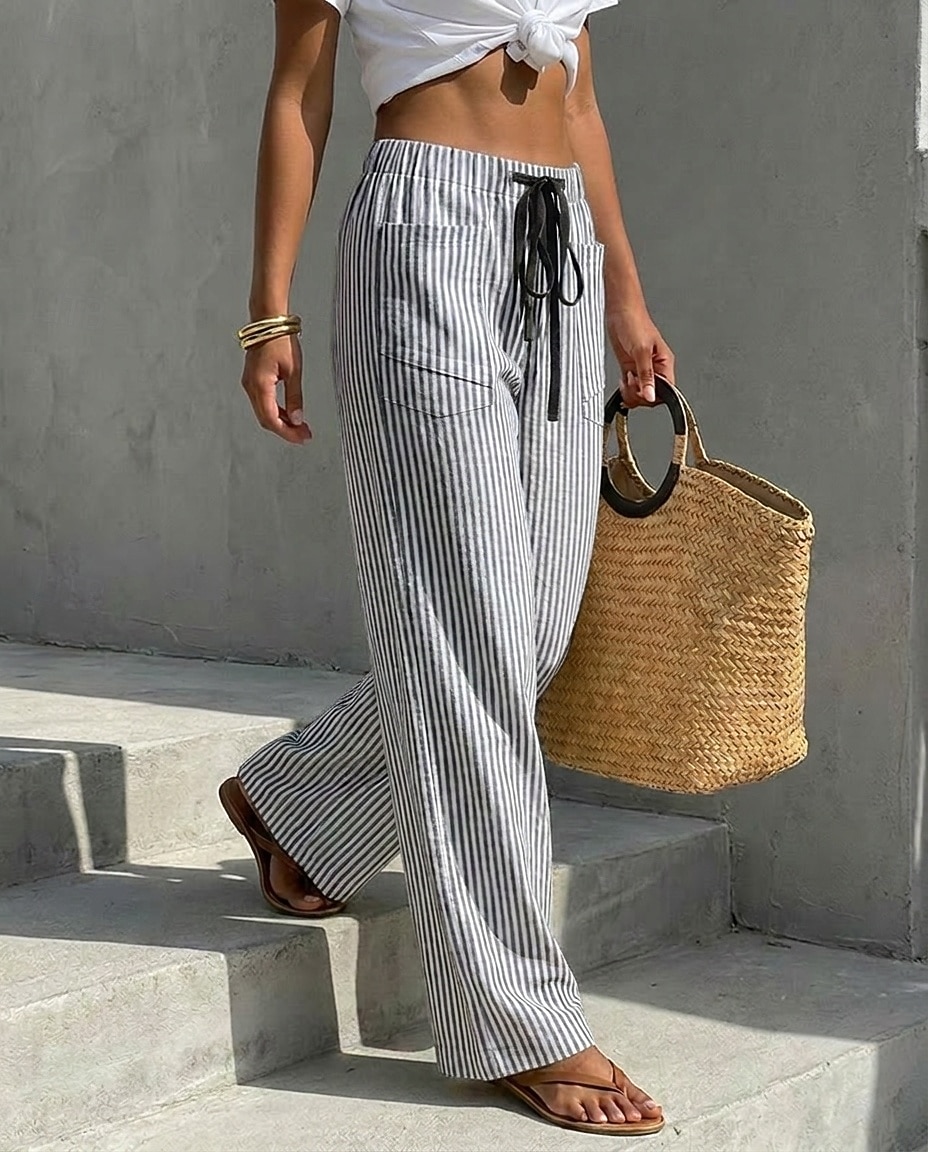 Women's Wide Leg Chinos Vacation Fashion Casual Daily Full Length Mid Waist Striped Comfort Inelastic Vacation Formal Blue Black Almond Red Summer Spring Loose Fit 2026 - $32.99 –P3