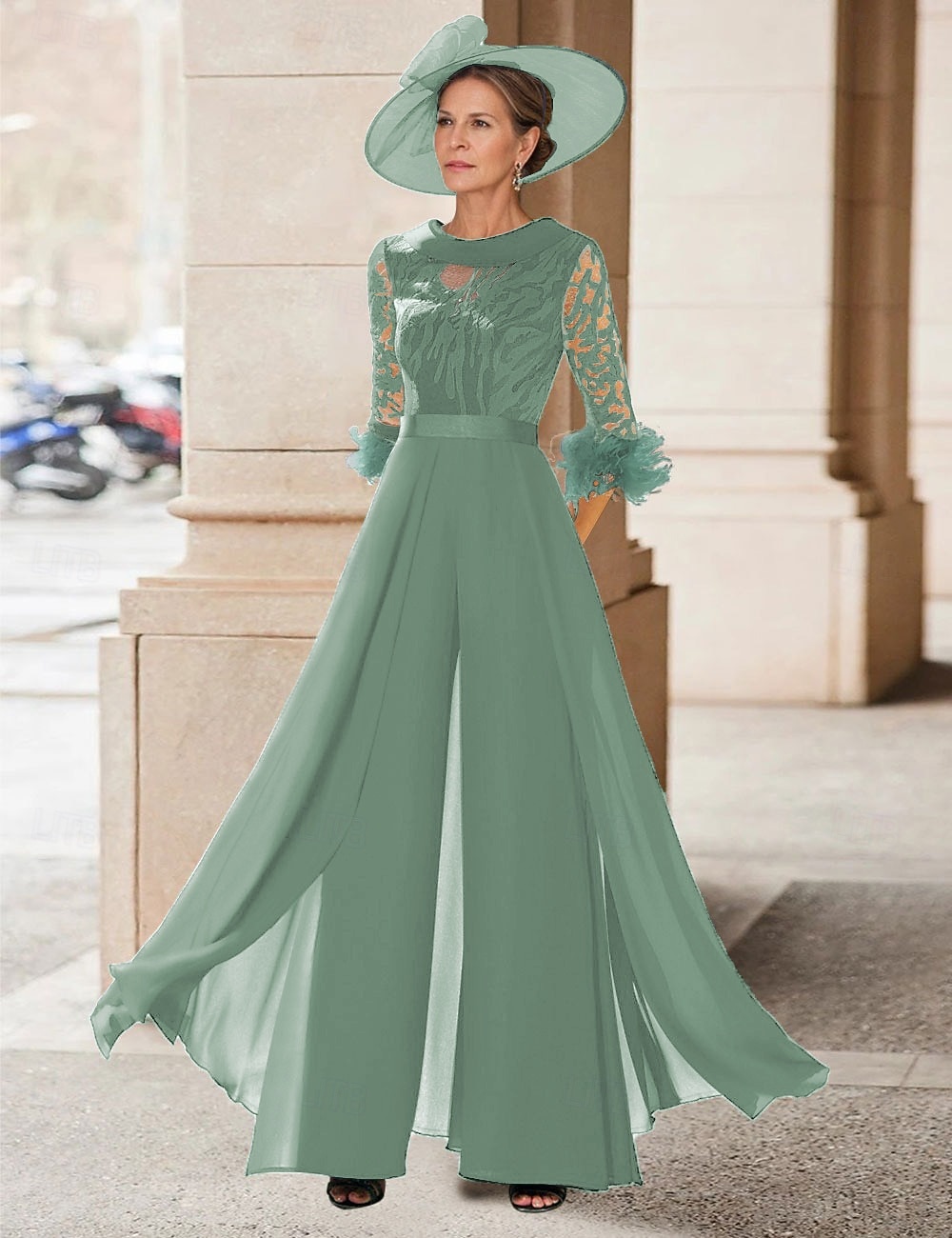 Tuta Completo Pantalone Lunghezza al pavimento Abito da cerimonia per signora Mezza Manica Collo gioiello Elegante Vintage Ospite di nozze Chiesa Chiffon con Piuma Paillettes Applicazioni del 2026 a $195.99 –P16
