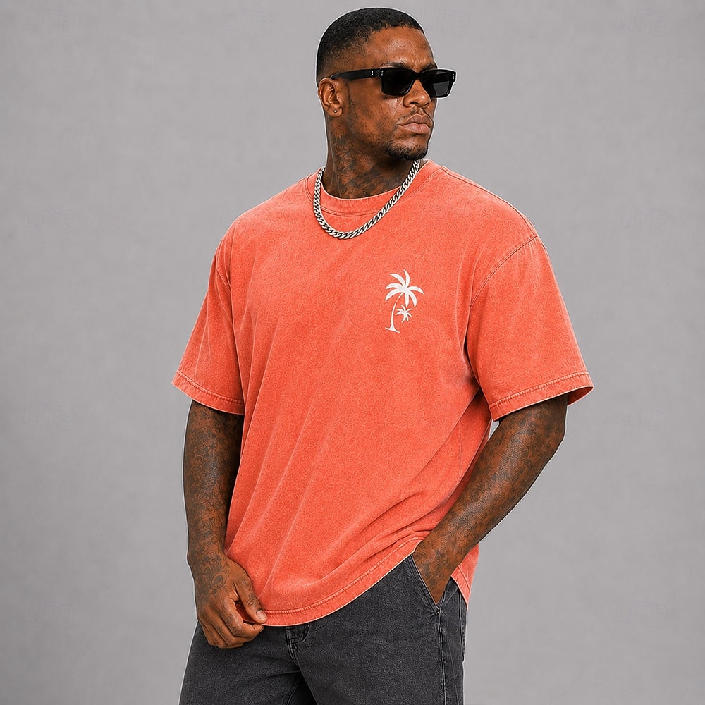 Tricou bărbătesc cu imprimeu hawaian din frunze de palmier și nucă de cocos, 100% bumbac, spălat acid, gros, tricou cu mânecă scurtă, guler rotund, stil DTG, îmbrăcăminte la modă, stil zilnic, 2026 - $27.99 –P8