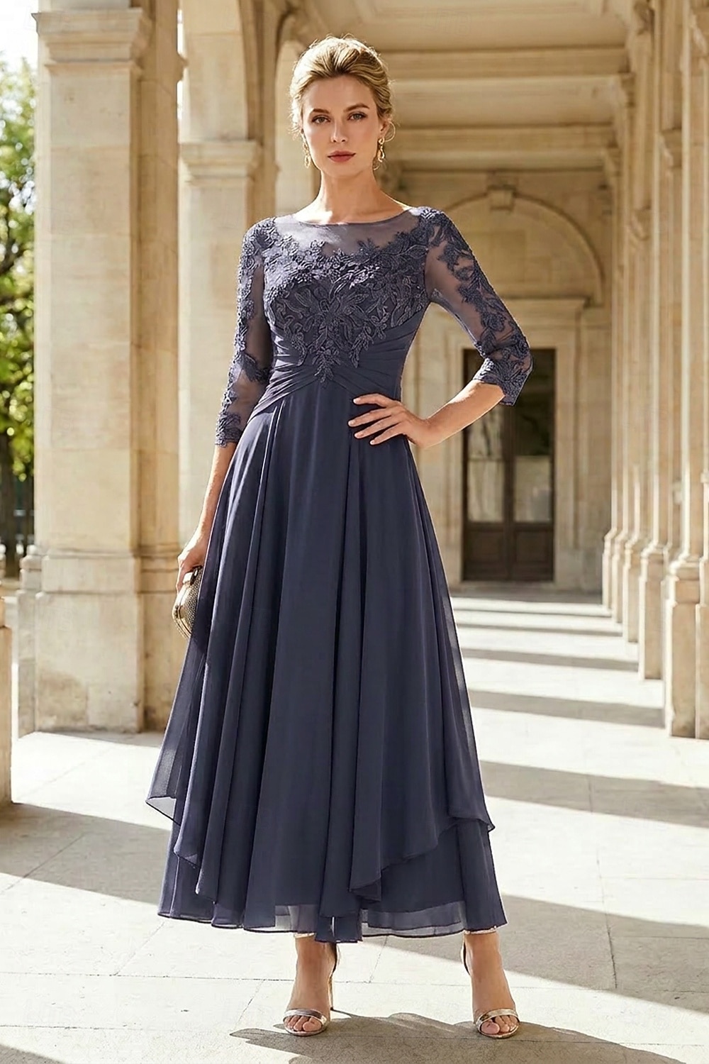 A-Line Ankle Length Party Dress Cocktail Dress Wedding Guest Dress Mother of the Bride Dress 3/4 Length Sleeve Jewel Neck Elegant Plus Size Wedding Guest Wedding Party Chiffon Lace with Ruched Sequin 2026 - $195.99 –P7