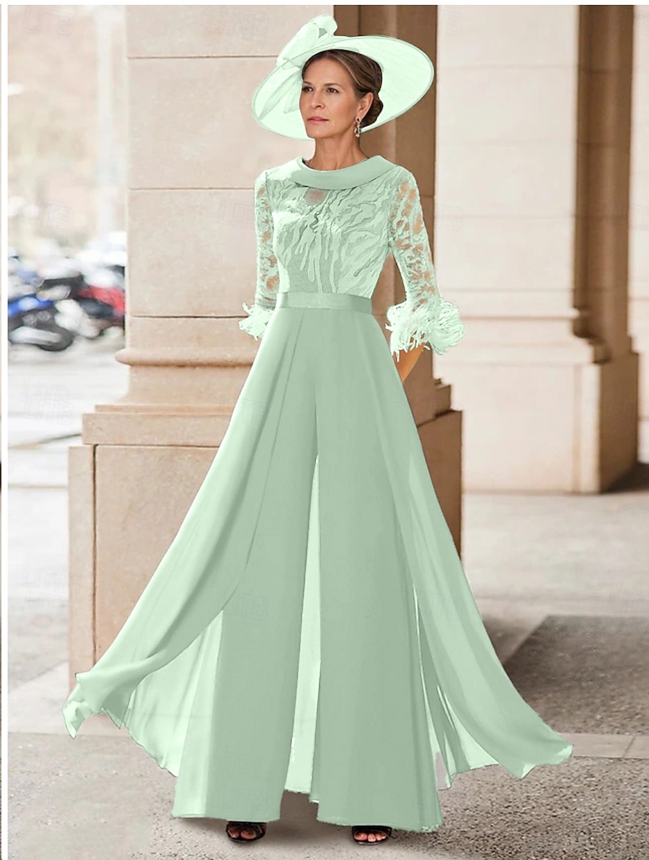 Tuta Completo Pantalone Lunghezza al pavimento Abito da cerimonia per signora Mezza Manica Collo gioiello Elegante Vintage Ospite di nozze Chiesa Chiffon con Piuma Paillettes Applicazioni del 2026 a $195.99 –P18
