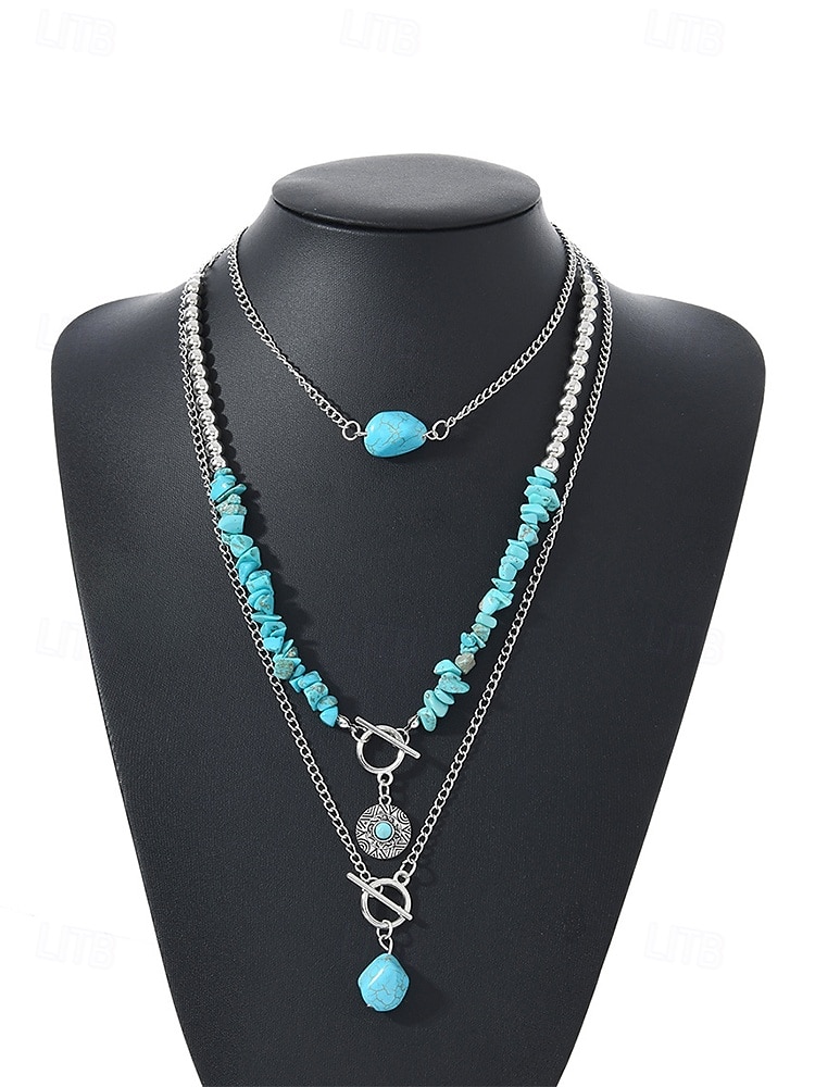 Conjunto de collar de turquesa en capas para mujer, joyería boho de piedra natural con cadena de aleación de plata, regalo de moda de verano para mujeres maduras, playa, resort, fiesta en el jardín, 2026 - $9.99 –P6