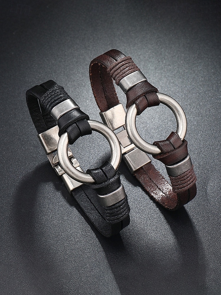 Herrearmbånd i ekte skinn i svart brunt, vintage minimalistisk legeringsringarmbånd for menn, uformelt retro armbåndssmykke til daglig bruk, reise og gave 2026 - $7.99 –P4