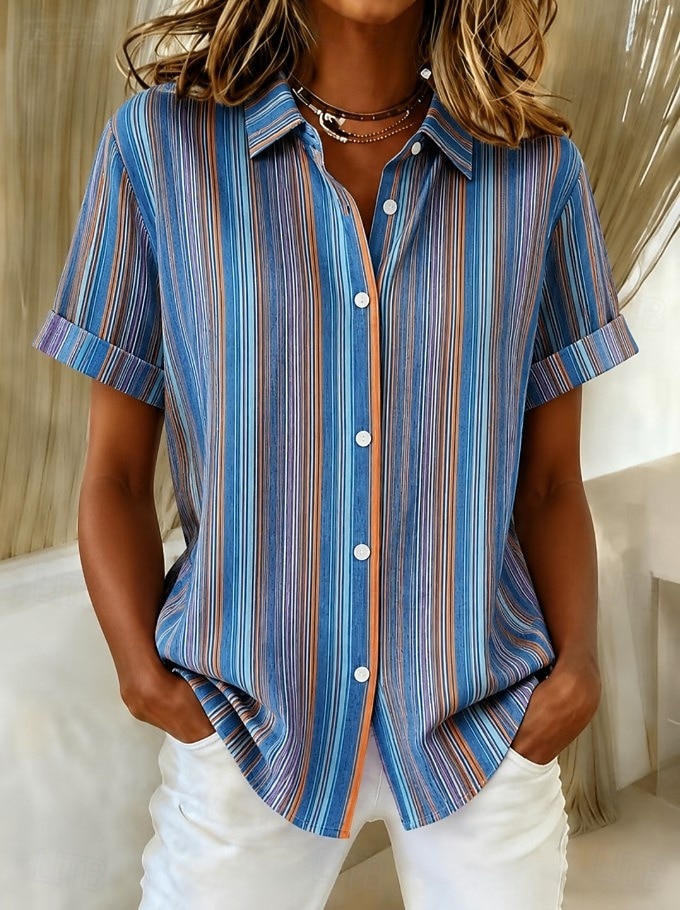 Dames Overhemd Knop Afdrukken Grafisch Ruitjes Gestreept Vintage Dagelijks Stijlvol Korte mouw Overhemdkraag Lange tops Casual Dagelijks blauw Groen En Blauw Paars Groen Zomer Lente 2026 - $26.99 –P4