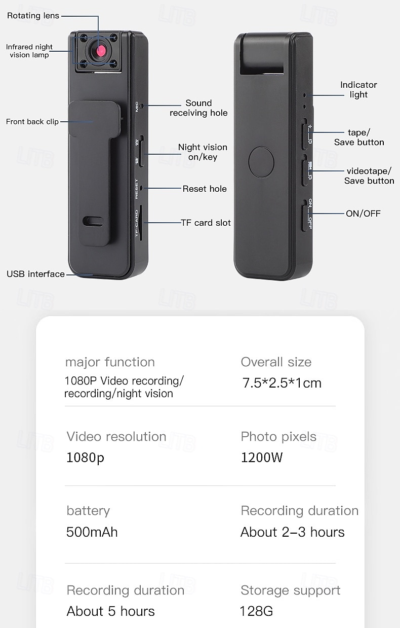 1080p HD-bodycamera met infrarood nachtzicht, mini draagbare clip-on beveiligingscamera voor thuis, kantoor en buiten, draagbare videorecorder met sportstabilisatie en activering met één druk op de 2026 - $28.99 –P13