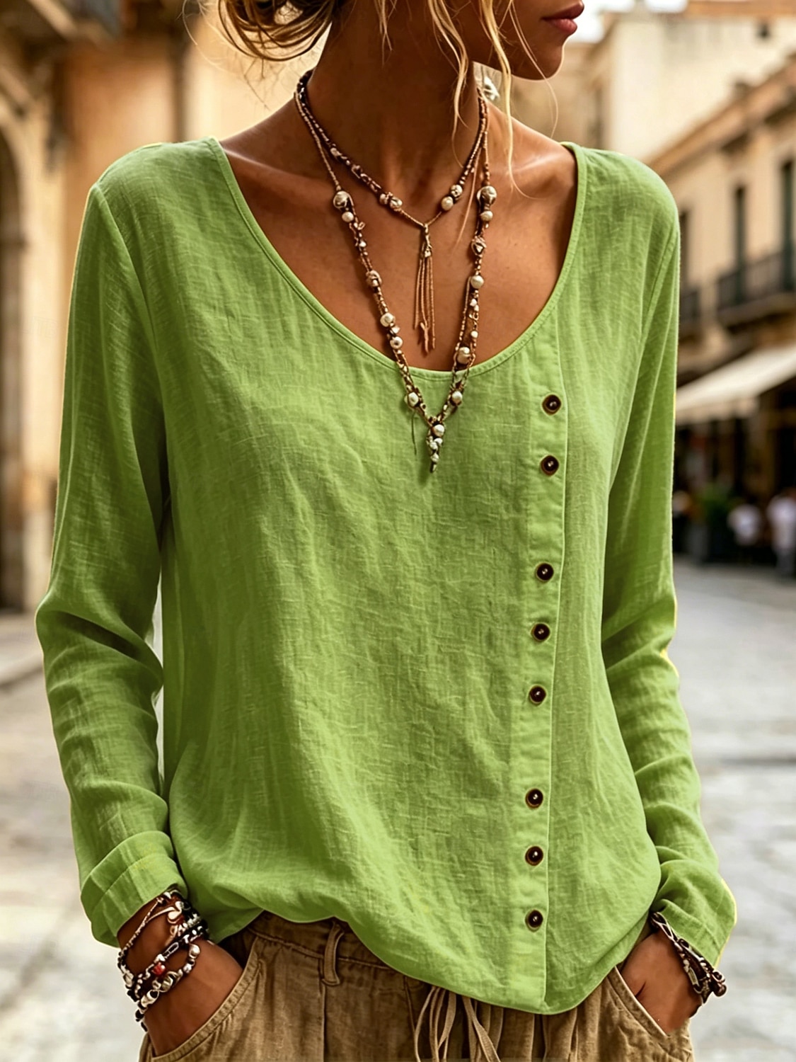 Mujer Camisa Blusa Botones Color sólido Diario Elegante Casual Manga Larga Cuello Barco Tops regulares Casual amarillo verde Negro Blanco Azul Marino Azul cielo Verano Primavera 2026 - $11.99 –P4