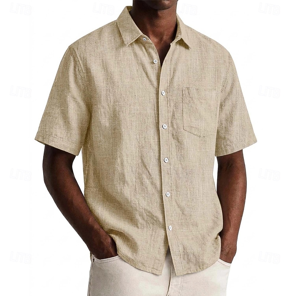 Men Shirt Linen Shirt Summer Shirt Beach Wear Button Up Shirt Plain Casual Daily Black Navy Blue Sky Blue Khaki Short Sleeve Collar Spring & Summer Summer Clothing Apparel Pocket 2026 - $24.99 –P1