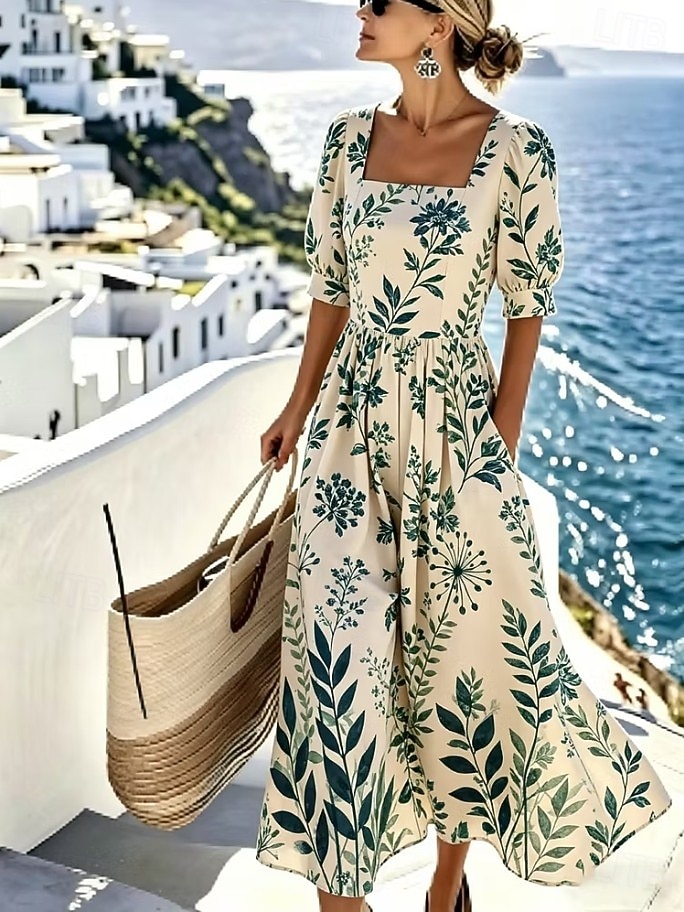 Women's Midi Dress A Line Dress Vacation Beach Holiday Regular Fit Floral Graphic Half Sleeve Square Neck Light Pink Pink Beige Summer Spring 2026 - $49.99 –P1