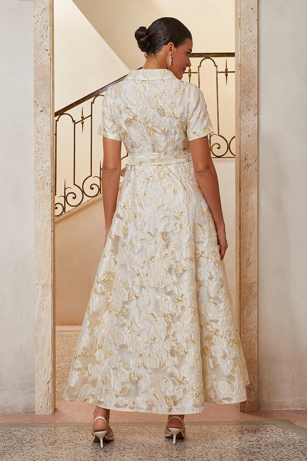 Damen A-Linie Cocktailkleid Kleid für Hochzeitsgäste Knöchellänge Revers Kurzarm Empire-Taille Elegant Vintage Mutter der Braut Formell mit Jacquard Gürtel Blumig Champagner 2026 - $179.99 –P3