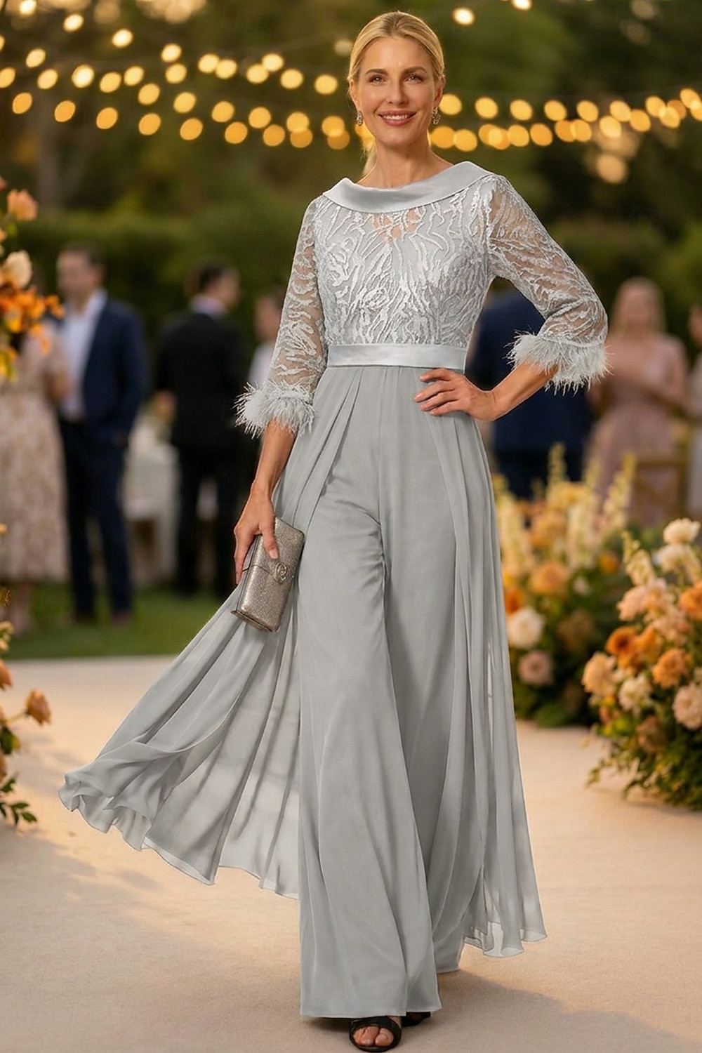 Tuta Completo Pantalone Lunghezza al pavimento Abito da cerimonia per signora Mezza Manica Collo gioiello Elegante Vintage Ospite di nozze Chiesa Chiffon con Piuma Paillettes Applicazioni del 2026 a $195.99 –P9