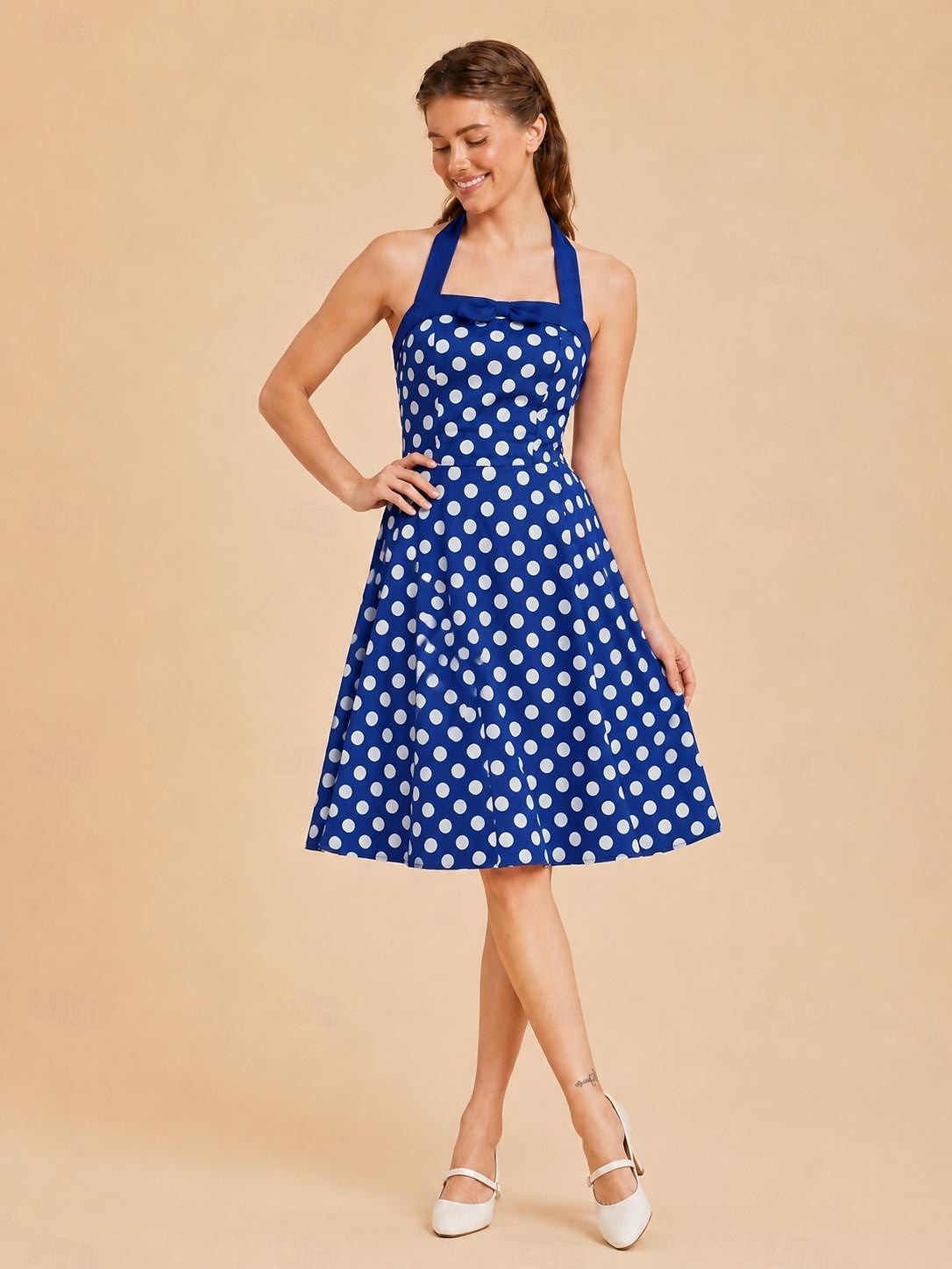rockabilly halter neck dress 1950s Retro Vintage Midi Tea Length Sleeveless Polka Dot Fit & Flare Halter Fancy Dress Women's Halloween Carnival Music Festival Revival Tea Party Adults' Dress Spring 2026 mesh inserts