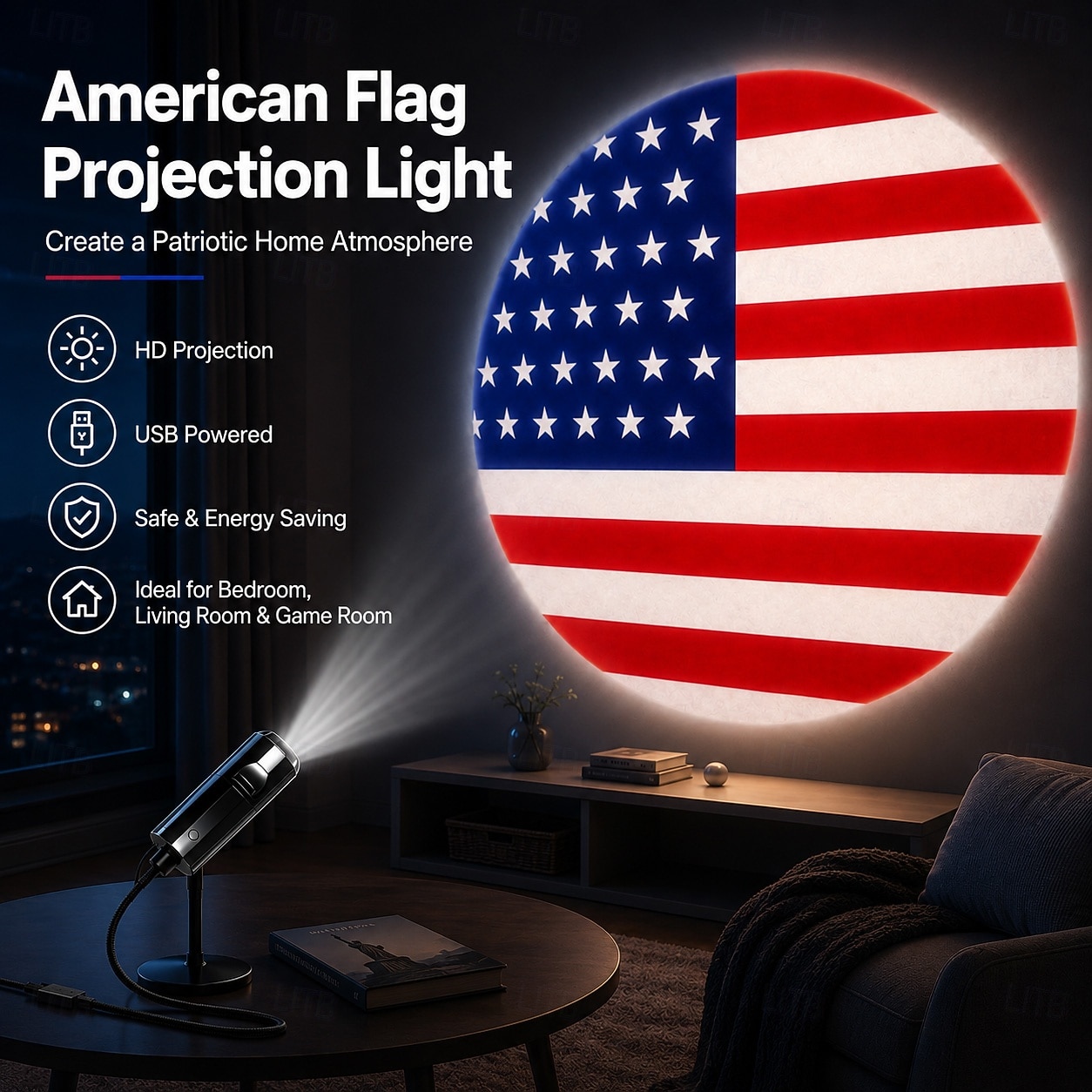 Projectielamp met Amerikaanse vlag, patriottische USB-projectorlamp ter ere van het 250-jarig jubileum van de VS, voor het WK voetbal 2026, decoratielamp voor binnen in de slaapkamer, woonkamer, 2026 - $8.99 –P1