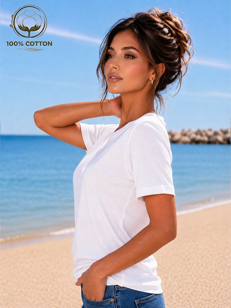 Women's T Shirt Summer Tops Cotton Shirt Tee Top Solid Color Fashion Stylish Basic Short Sleeve Crew Neck Round Neck Regular Tops Casual Daily Beach Blue Khaki Indigo Green with beige Black Summer 2026 - $19.99 –P2