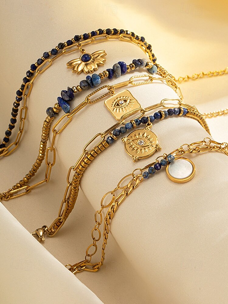 Damen-Doppelarmband im Boho-Stil mit mehreren Lagen Perlen, Naturstein &Charm-Armband aus Titanstahl für Damen, Sommer-Schmuckstück mit mehreren Anhängern – perfekt für Urlaub, Alltag und als Geschenk 2026 - $14.99 –P6