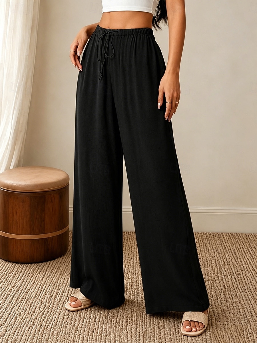Per donna Gamba larga Pantaloni casual Elegante Lunghezza intera Vita Alta Semplice Confortevole Inelastico Vacanza Nero Verde militare Verde Estate Primavera Autunno Vestibilità comoda del 2026 a $9.99 –P3