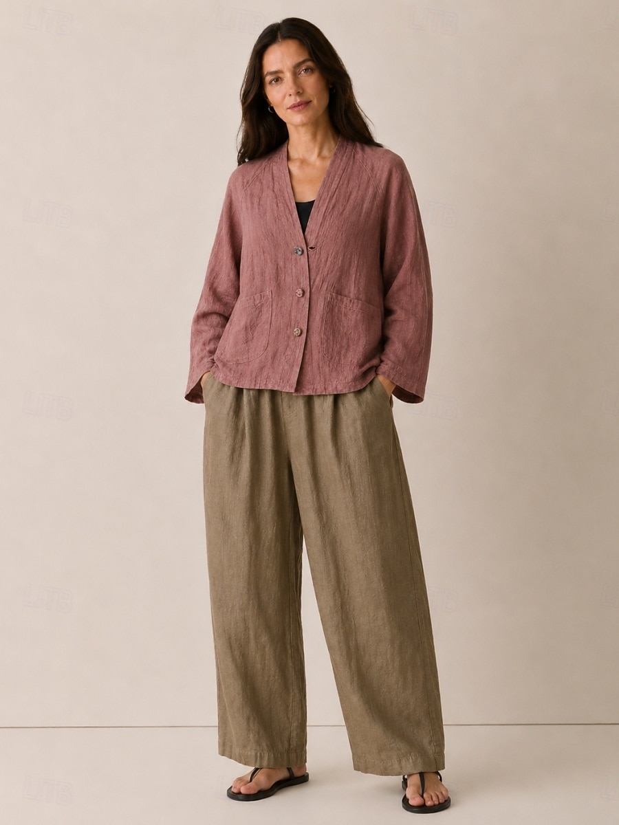 camicetta da donna in lino a maniche lunghe con bottoni, scollo a V, tasca, vestibilità regolare, stile vintage casual, bordeaux, blu navy, marrone, autunno/inverno del 2026 a $45.99 –P3