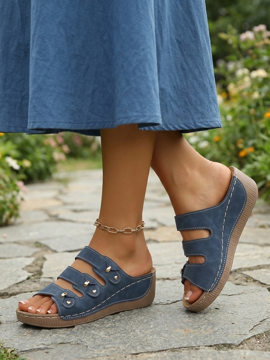 Women's Navy Blue Triple Strap Wedge Sandals – Comfortable Slide Sandals with Metal Design for Summer Walking, Travel & Casual Wear 2026 - $24.99 –P1