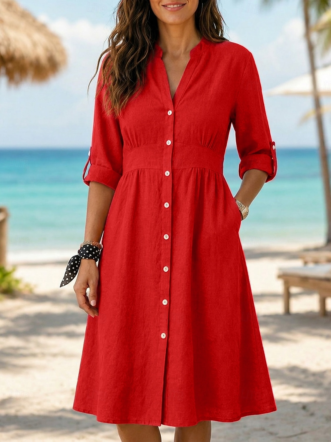 Dames Knielengte jurk Jurken van katoen en linnen Shirtjurk Elegant Vakantie Klassiek Dagelijks Kantoor Vakantie Normale pasvorm Effen Lange mouw V-hals Rood Marineblauw Oranje Zomer Lente 2026 - $41.99 –P11