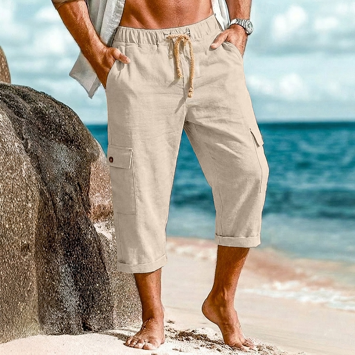 Men's Capri shorts Linen Pants Summer Shorts Baggy Pants Front Pocket Straight Leg Cargo Pocket Plain Comfort Breathable Calf-Length Casual Daily Outdoor Vacation Fashion White Khaki Inelastic 2026 - $26.99 –P5