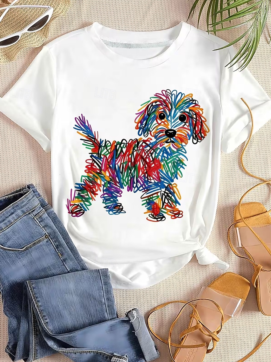 2026年 女性用 Tシャツ プリント グラフィック 動物 犬 スタイリッシュ クラシック カジュアル 半袖 クルーネック レギュラートップス カジュアル 日常 ブルー イエロー レインボー 夏 春  コレクション – $7.99 –P2