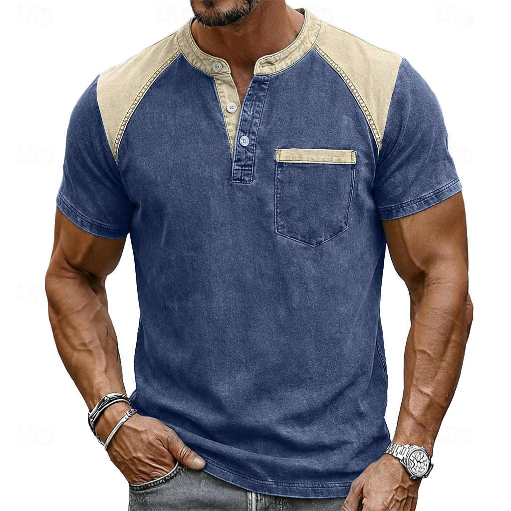 Men's T Shirt Henley Shirt 100% Cotton Acid Wash Shirt Tee Top Short Sleeve Plain Vintage Streetwear Casual Color Block Garment Dyed Raglan Sleeves Henley Casual Home Street Fall & Winter Summer 2026 - $35.99 –P2