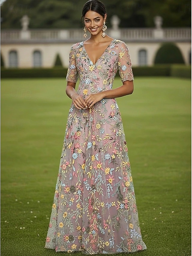 Corte A Vestidos Hasta el Suelo Vestido de Fiesta Vestido Cóctel Vestido de Madrina Media Manga Escote Elegante Vintage Lujoso Formal Invitado a la boda El derby de Kentucky Tul con Estampado flor 2026 - $182.99 –P5