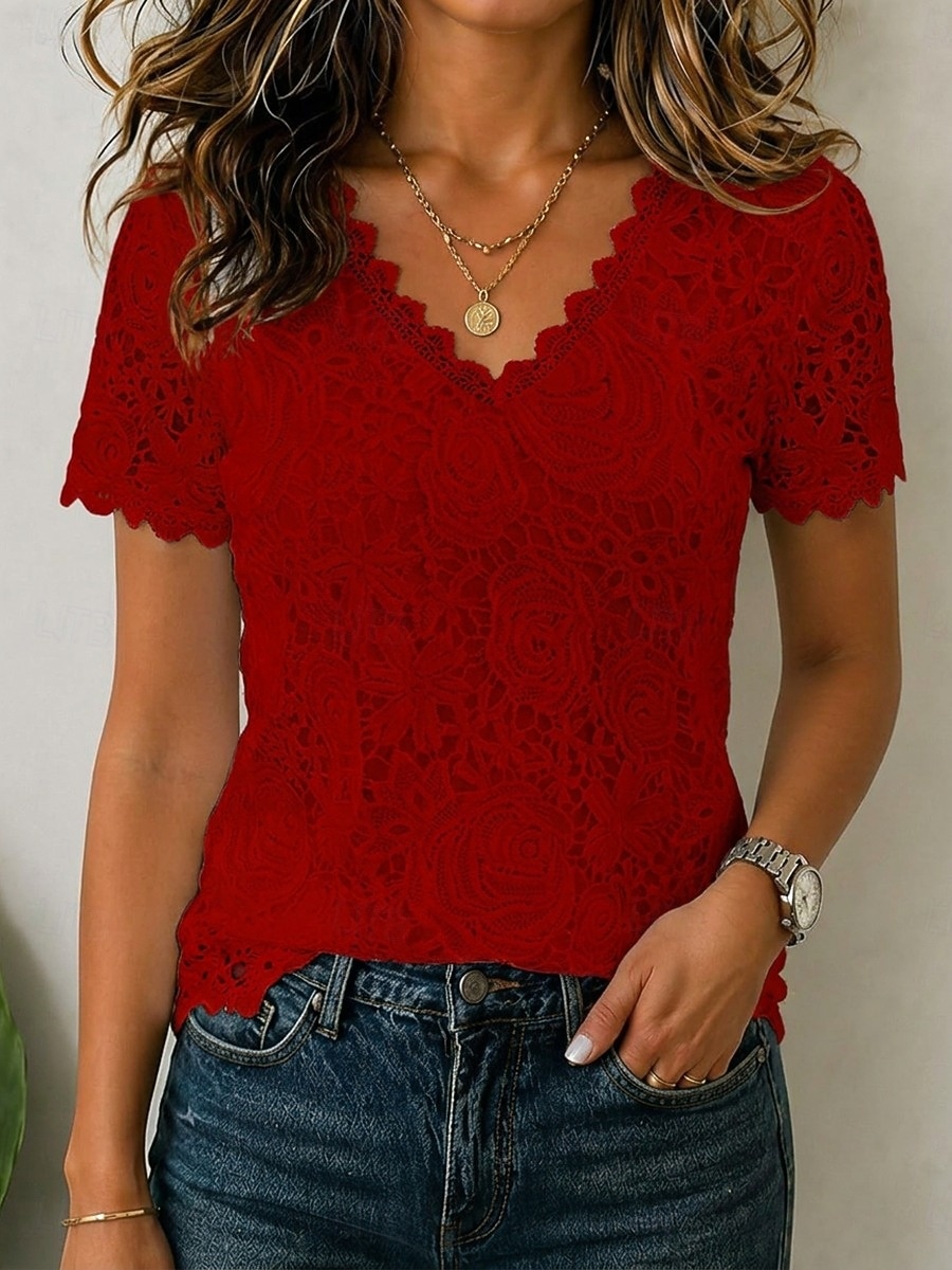 Per donna Top in pizzo Patchwork Traforato Bordo in pizzo Elegante Manica Corta Scollo a V Casuale Blu Bianco Nero Rosa Rosso Estate Autunno del 2026 a $10.49 –P8