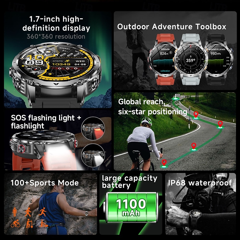 AK102 Smartklokke 1.7 tommers Bluetooth-anrops-smartklokke Skritteller Samtalepåminnelse Fitnessporing Kompatibel med Android iOS Herre GPS Lang ventetid Håndfri bruk IP68 50mm urkasse 2026 - $84.99 –P2