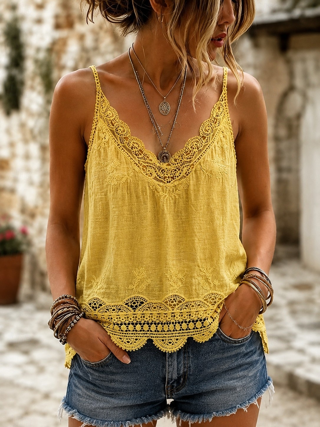 Mujer Top de empalme de encaje Tops de verano Cami Top Jacquard Ribete de encaje Encaje de ilusión Elegante Bohemia Activo Sin Mangas Escote en Pico Tops regulares Casual Blanco Amarillo Marrón Verde 2026 - $19.99 –P1