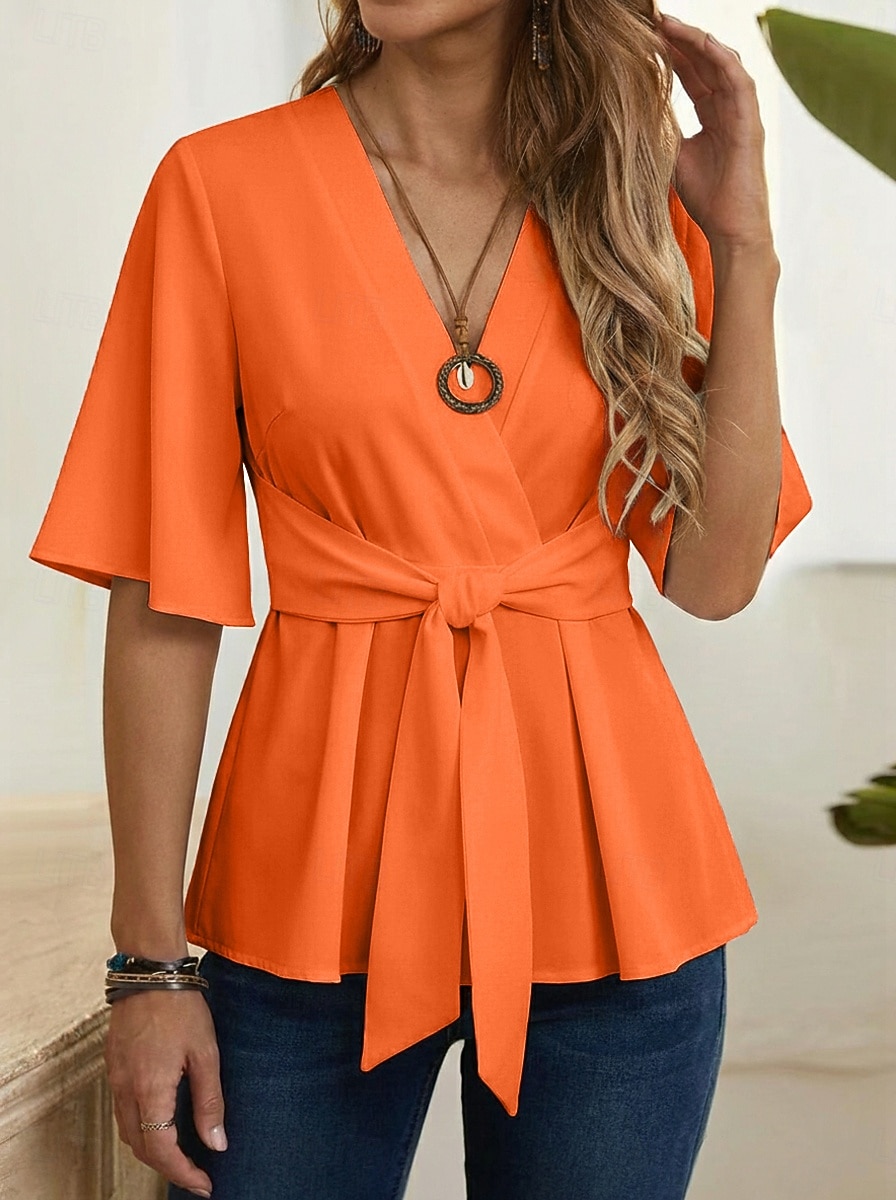 Per donna Camicia Nodo frontale Volant Semplice Elegante Quotidiano Mezza Manica Manica a Palloncino Scollo a V Top lunghi Casuale All'aperto Blu Nero Bianco Arancione Rosa Estate Primavera del 2026 a $27.99 –P4